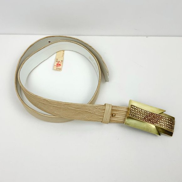 Vintage Belts By Lois Custom Made Embossed Leather Tan Belt  Sz 34" - 37.5" - Picture 5 of 16